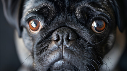 Pug Dog with Gray Fur Exposing Only Half of Head - Close-up Portrait of Adorable Canine, Cute Pet with Unique Markings, Detailed Fur Texture in High Resolution, Generative AI

 - obrazy, fototapety, plakaty