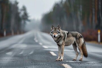 Obraz premium Wolf standing on the road near forest at early morning or evening time. Road hazards, wildlife and transport.