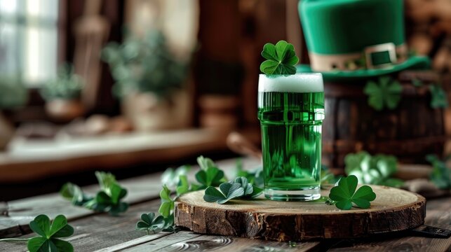 Celebrating Saint Patricks day in Ireland with a glass of green beer. St Patricks day background.