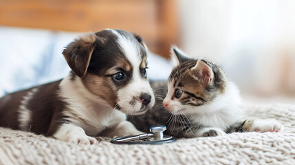 Puppy and Kitten with Stethoscope - Veterinary Care for Pets, Adorable Dog and Cat Together, Animal Hospital Concept, Close-up of Cute Pet Examined by Veterinarian, Generative AI

