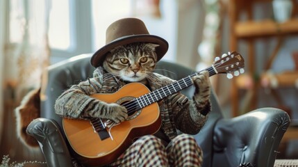 A little cat wearing a hat playing guitar on a chair, wearing a fashionable jacket and pants, holding a guitar, with a cute expression, l