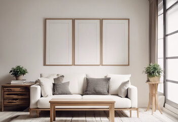 Set Against a Blank Wall Featuring Poster Frames for Personalized Decor,  Square coffee table near white sofa and rustic cabinets against white wall with blank poster frames. Scandinavian interior