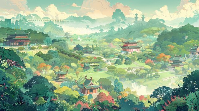 a painting of a Asian countryside, in the style of art nouveau-inspired illustrations, panorama, detailed character design, light gray 