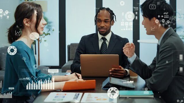 Group of multinational businessperson meeting in office and marketing data concept.
