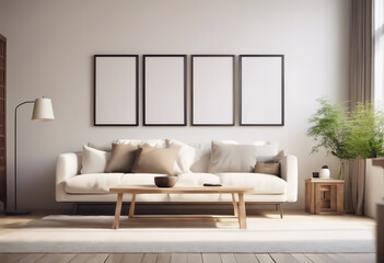 Set Against a Blank Wall Featuring Poster Frames for Personalized Decor,  Square coffee table near white sofa and rustic cabinets against white wall with blank poster frames. Scandinavian interior