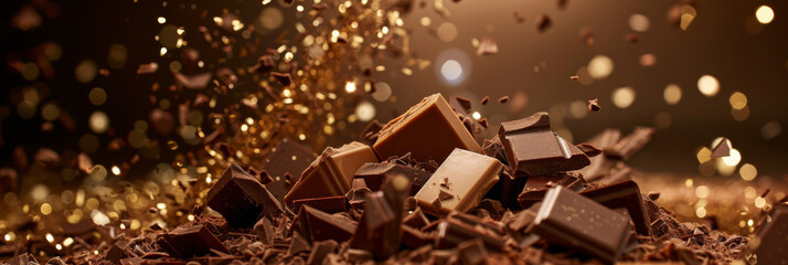 chocolate falling into a pile, with golden glitter particles, generative AI
