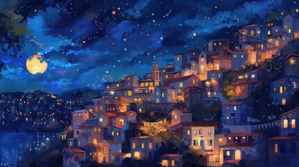 a painting of a city at night, in the style of whimsical folk art illustrations, dark azure and dark amber,  - obrazy, fototapety, plakaty