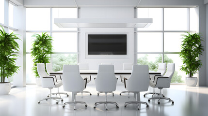 Fototapeta na wymiar White and wood office meeting room corner with TV