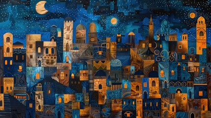 a painting of a city at night, in the style of whimsical folk art illustrations, dark azure and...