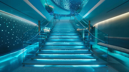 Designing a staircase in a gradient of ocean blue tones, inspired by the colors of the sea, to...