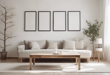 Set Against a Blank Wall Featuring Poster Frames for Personalized Decor,  Square coffee table near white sofa and rustic cabinets against white wall with blank poster frames. Scandinavian interior