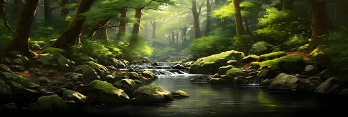 Unspoiled Serenity: A Photograph Capturing a Scenic Forest Creek Bathed in Soft Sunlight