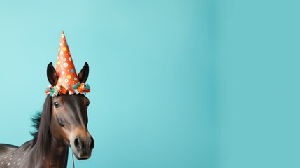Funny horse with birthday party hat on blue background.