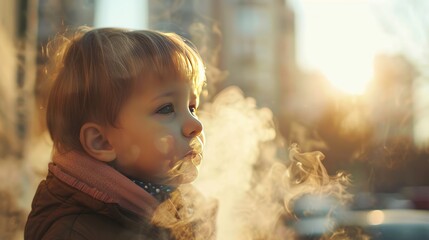 Little child suffers from asthma Show the effects of air pollution on health. - obrazy, fototapety, plakaty