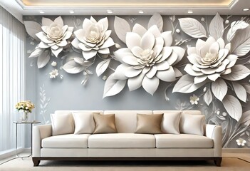 sofa with flowers,Floral Beauty: White Flower Wall Mural in 3D.Luxurious 3D Wallpaper Patterns for Your Home