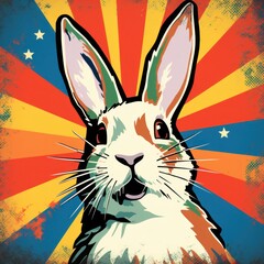 Rabbit on grunge background with vintage sun rays.