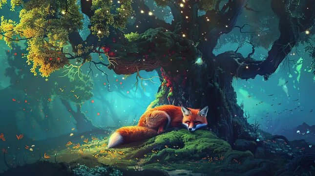 Enchanted Slumber: A delightful fluffy white fox peacefully dozing beneath the mystical branches of a fantasy tree, its  Seamless looping 4k time-lapse virtual video animation background. Generated AI