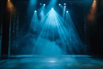 A modern dance stage with creative lighting and spotlight illuminated for a production. The stage is empty, ready for an entertainment show