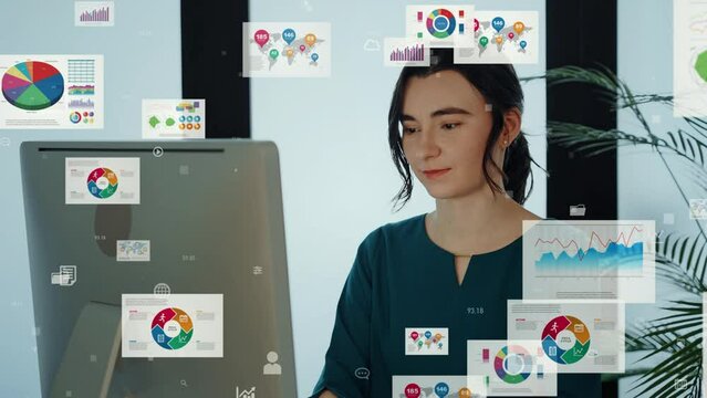 Young businesswoman working with PC in office and digital documents concept.