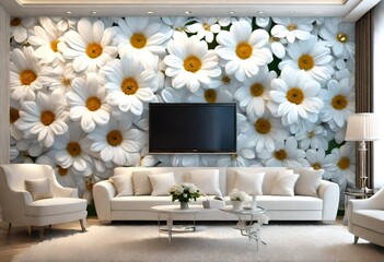 sofa with flowers,Floral Beauty: White Flower Wall Mural in 3D.Luxurious 3D Wallpaper Patterns for Your Home