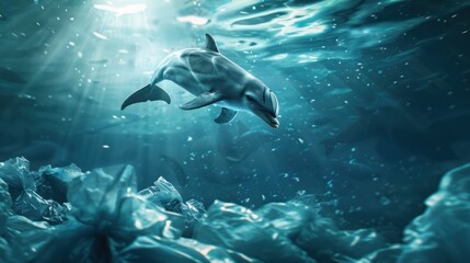 Obraz premium Marine animals eat plastic waste. Demonstrate the impact of garbage on the environment.