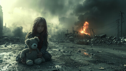 a girl with a stuffed animal, alone, with a sad face, and around everything is destroyed because of a war,generative ai