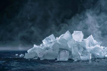 A pile of ice cubes sitting on top of a table with a dark background, ready for use in beverages