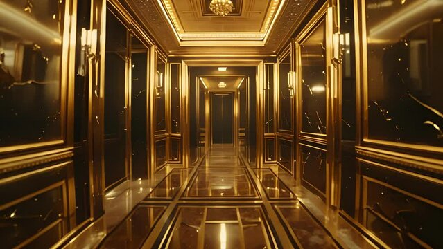 A luxurious hallway in an Art Deco building featuring a striking gold and black color scheme. Elaborate moldings and geometric patterns adorn the walls and ceiling giving