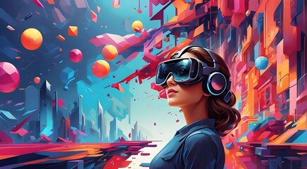 A virtual reality world with vibrant colors and geometric shapes, highlighting the endless possibilities of technology.