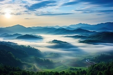 Morning mist at Doi Inthanon Chiang Mai Province It shows a beautiful view of mountains and a sea of mist. - obrazy, fototapety, plakaty