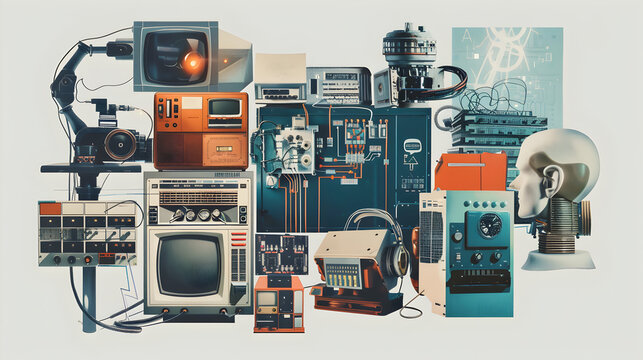 Introduction to AI Visualization": A visually rich collage showcasing the evolution of technology, starting from early computing machines like the ENIAC to modern AI systems.