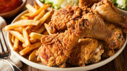 Plate of fried chicken and French fries