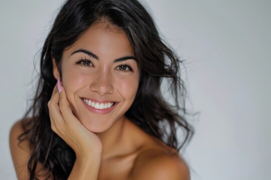 A Hispanic young woman poses happily, smiling for a picture in a studio setting