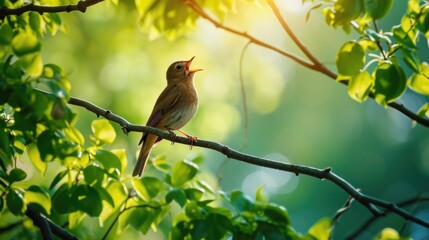 Bird is perched on tree branch, singing