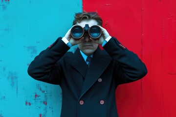 Man in suit is looking through binoculars at wall