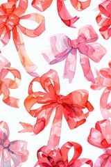 Watercolor painting of many red bows with white backgrounds