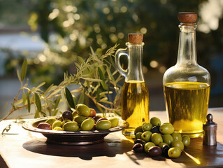 Table with two bottles of olive oil and bowl of olives