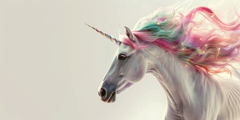 Unicorn with rainbow colored hair is shown in fantasy style