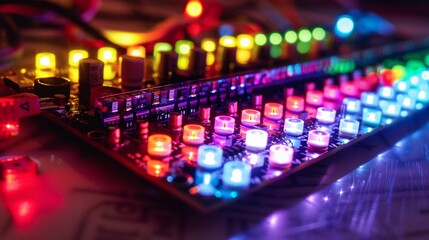 A microcontroller development board with colorful LEDs, illustrating the versatility of electronic prototyping platforms. - obrazy, fototapety, plakaty