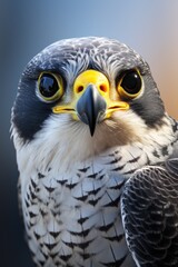 Bird with yellow beak and yellow eyes is staring at camera