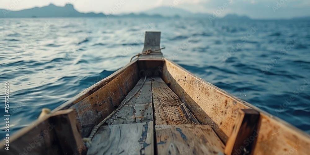 Poster boat is floating in ocean with view of shoreline in background