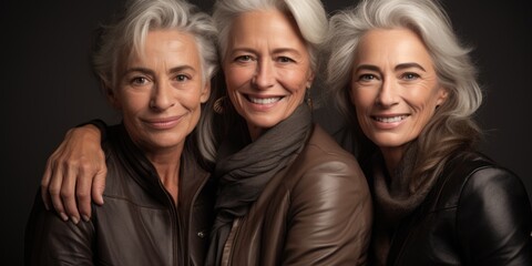 Fototapeta premium Three women are posing for picture, all wearing leather jackets and scarves