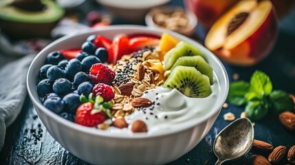 Bowl of fruit and yogurt with spoon on table - obrazy, fototapety, plakaty