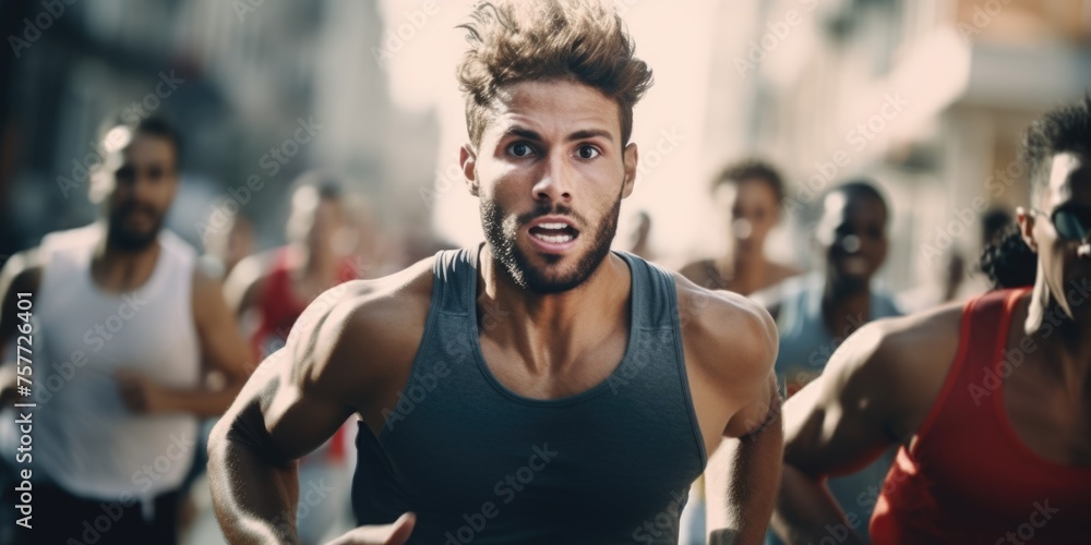 Poster man is running in race with other people