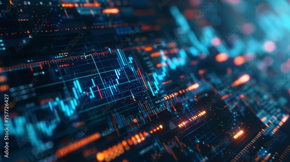 Poster abstract futuristic digital financial chart with glowing graphs and indicators, symbolizing stock ma