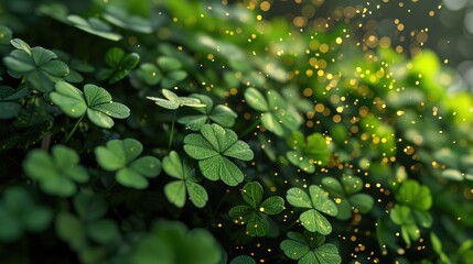 Close up of green clovers with sparkly effect