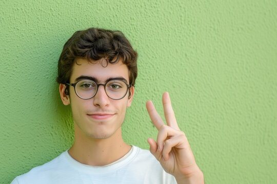 Young Man With Glasses Is Smiling And Holding Up His Hands In Peace Sign