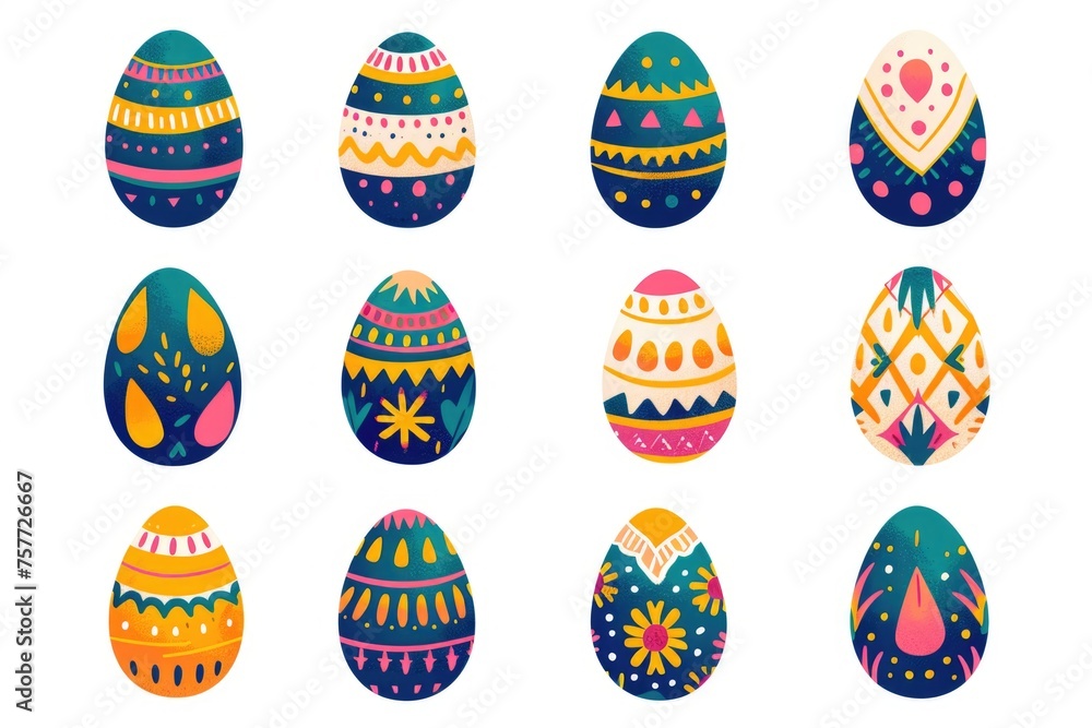 Poster set of colorful painted eggs with various designs and patterns