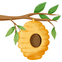 Yellow honey hive hanging on a tree branch.