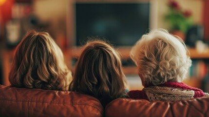 Three people are sitting on couch watching television